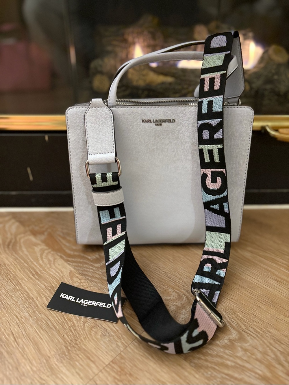 Karl Lagerfeld White Leather Satchel with Multicolor Logo Strap